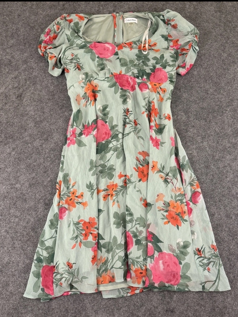 Calvin Klein Cottagecore Mint Floral Puff Sleeve Dress Pink Orange Size 4